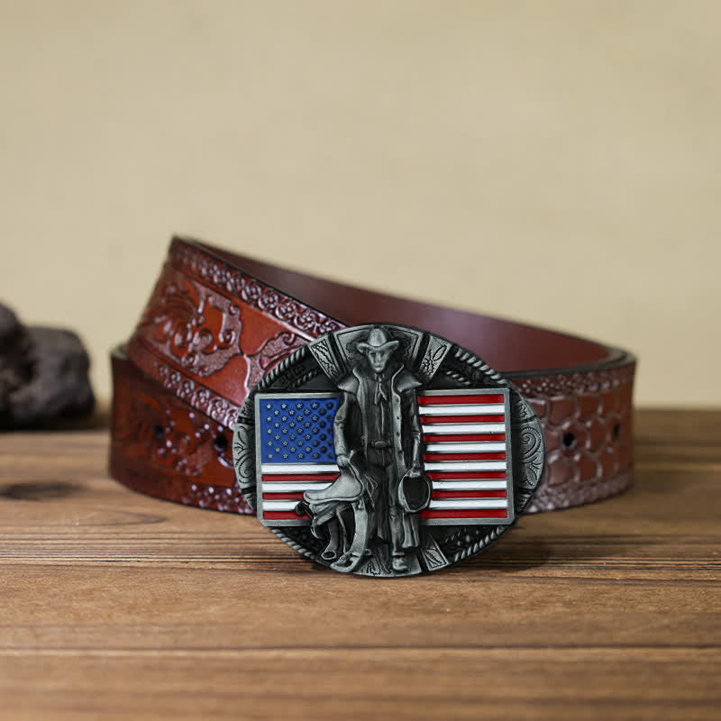 Cintura in pelle con fibbia da cowboy con bandiera americana fai da te da uomo - Cowboy - Cintura marrone intagliata (40) - image 14