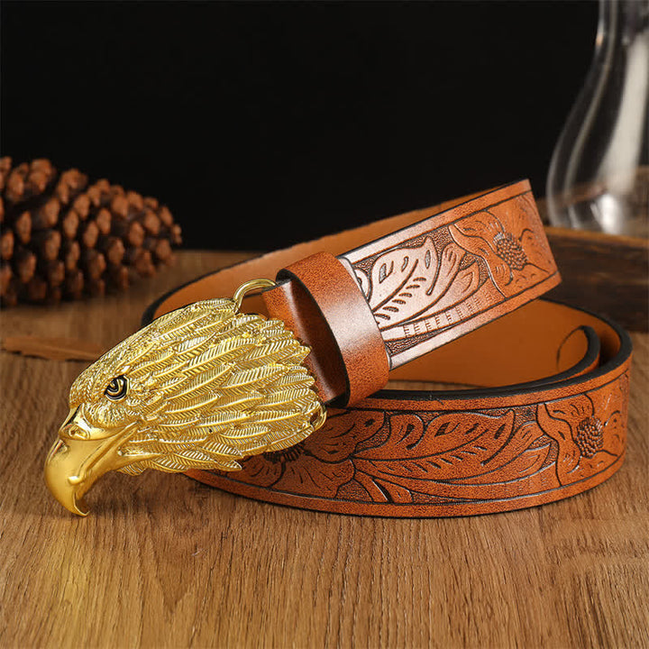 Cintura da uomo in pelle western con testa d'aquila e avvoltoio realistico - Marrone #1 / Oro - 42 - image 11