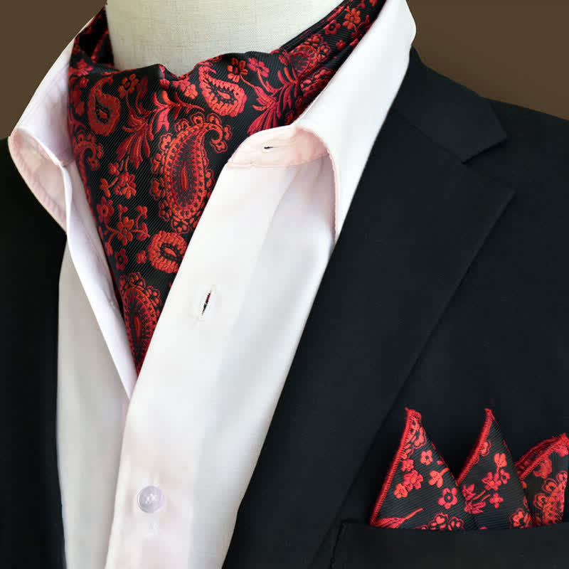 Set di 2 fazzoletti da taschino e cravatta Paisley floreali di lusso rossi e neri - Rosso e nero - image 0