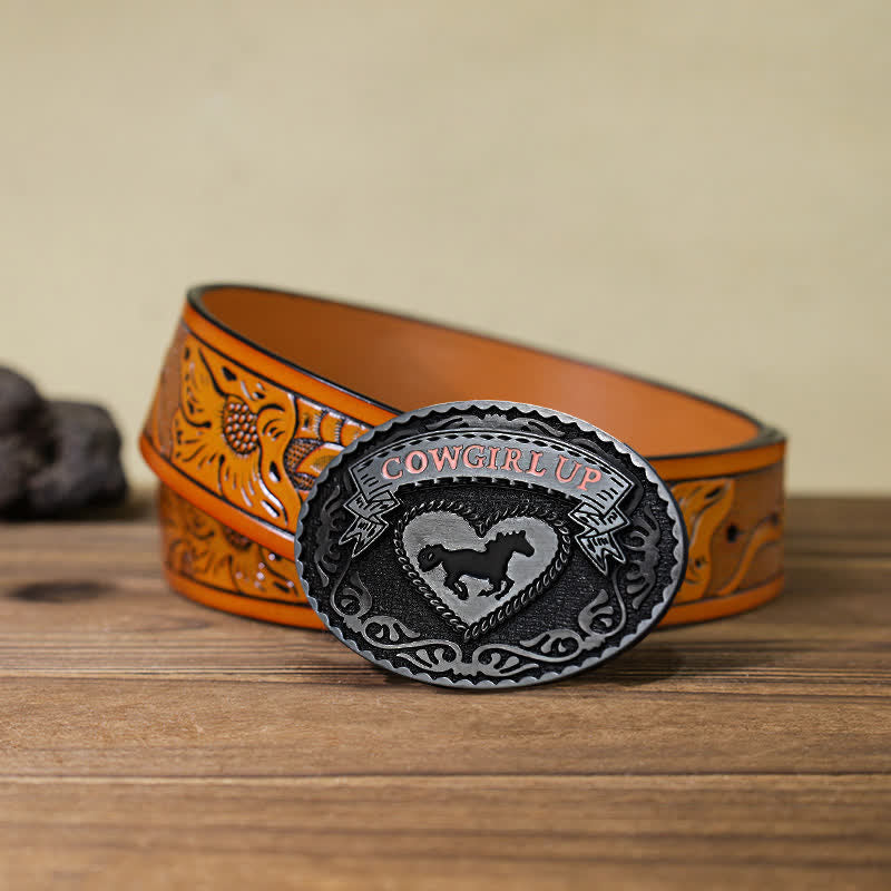 Cintura in pelle con fibbia Cowgirl Up in argento fai da te da donna - Cowgirl in posizione supina - Cintura intagliata arancione (40) - image 15