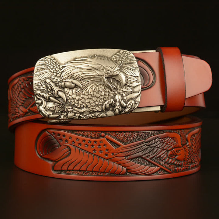 Cintura in pelle con fibbia automatica Eagle Wings Vintage da uomo - Marrone / Argento - 46 - image 17