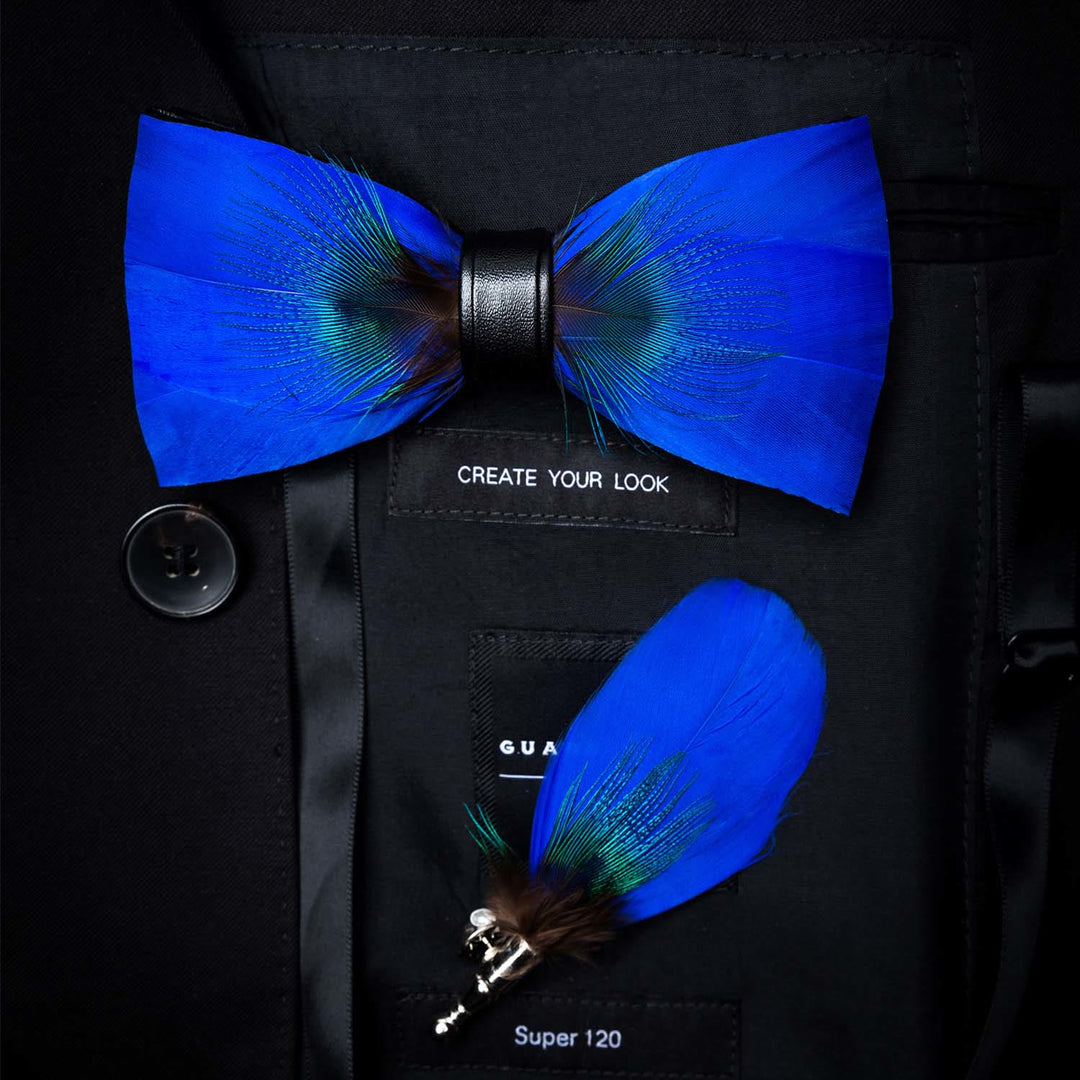 Papillon con piume di pavone blu Oxford per bambini con spilla da bavero - Adulto - image 3