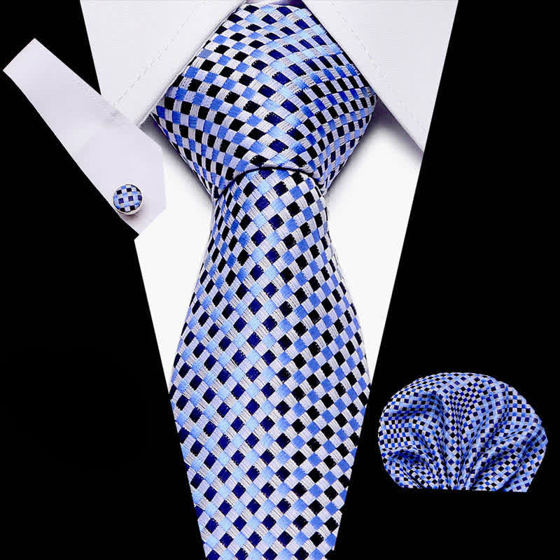 Set di 3 cravatte a quadri blu e nere intrecciate da uomo - Blu e nero - image 0