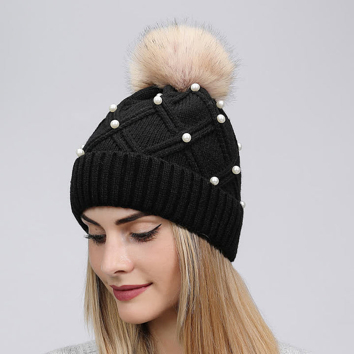 Cappello lavorato a maglia elasticizzato con pompon e perle carine da donna - Nero - Regolabile (21 5/8"-23 5/8") - image 8