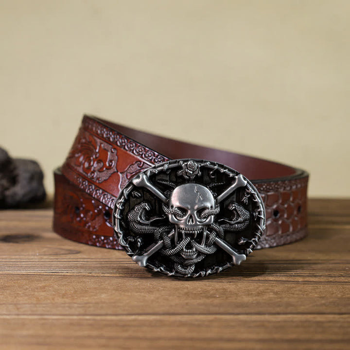 Cintura in pelle con fibbia a serpente con teschio e croce gotica fai da te da uomo - Cranio - Cintura marrone intagliata (40) - image 10