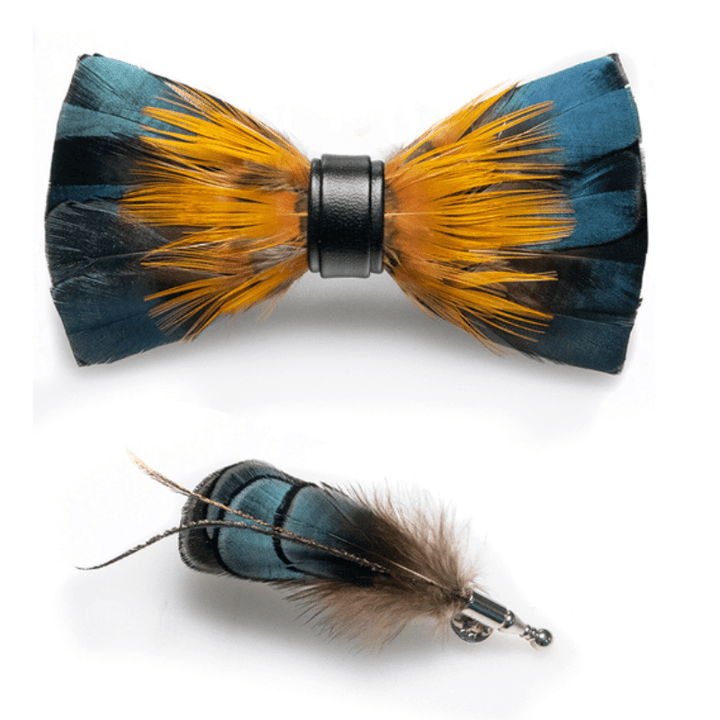Papillon con piume di martin pescatore verde foresta e giallo per bambini con spilla da bavero - image 4
