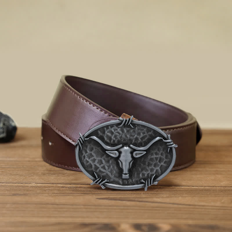 Cintura in pelle con fibbia martellata a forma di testa di toro da cowboy fai da te da uomo - Argento antico - Cintura PU marrone (40) - image 12