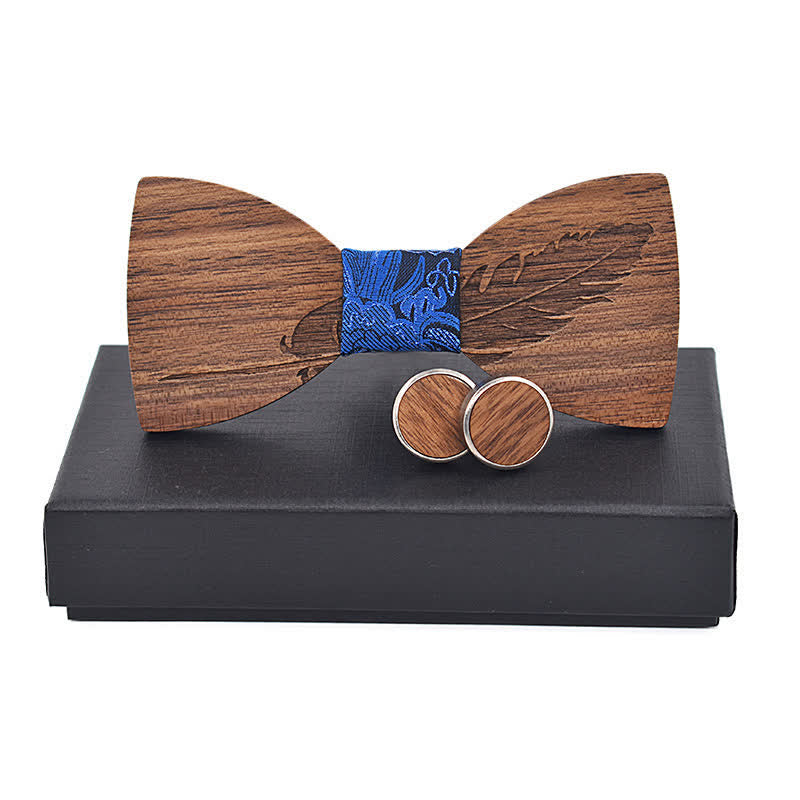 Set di 2 papillon in legno con incisione di piume da uomo - Floreale blu - image 6