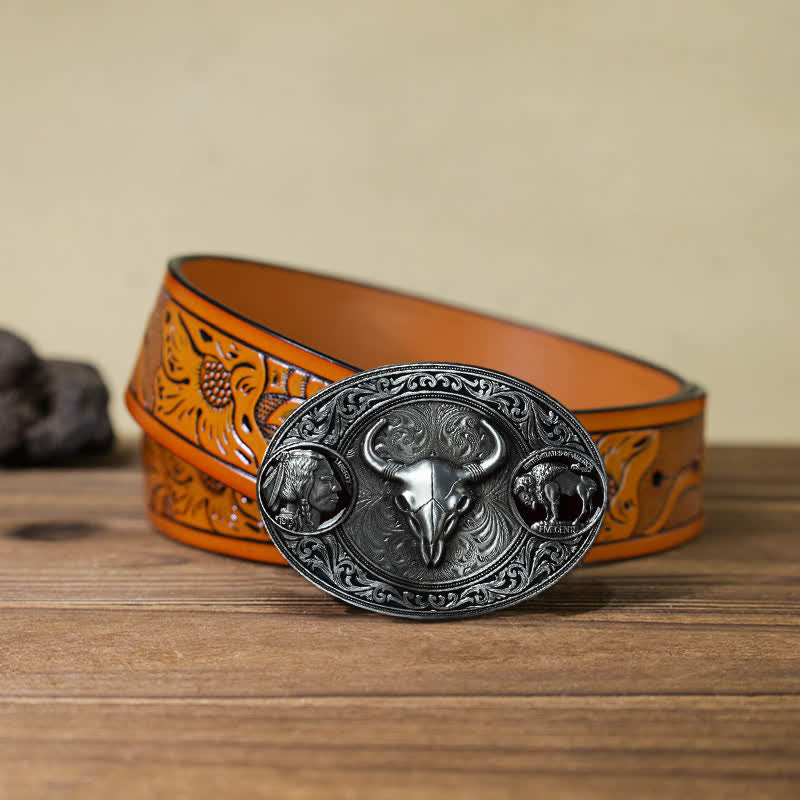 Cintura in pelle con fibbia a teschio western tipica fai da te da uomo - Toro - Cintura intagliata arancione (40) - image 17
