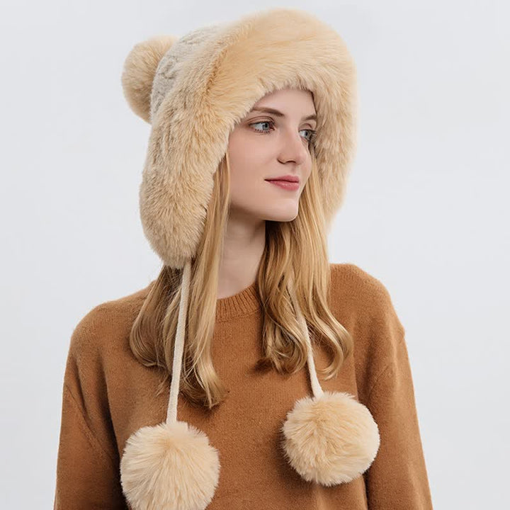Cappello lavorato a maglia caldo e spesso con pompon tripli da donna - image 4