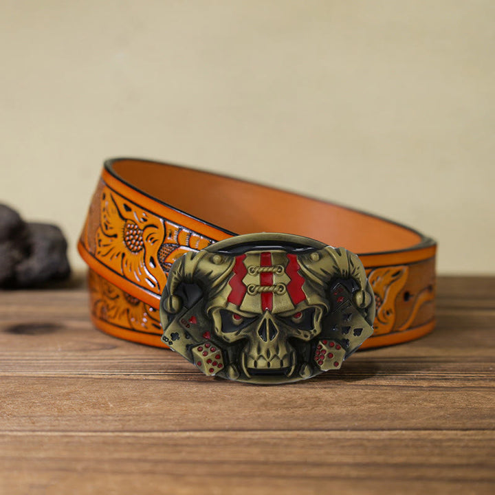 Cintura in pelle con fibbia Joker Clown Skull fai da te da uomo - Bronzo antico - Cintura intagliata arancione (40) - image 26