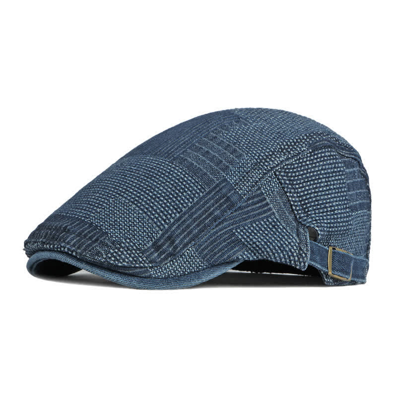 Berretto piatto in denim lavato con motivo a quadri - Blu scuro - Regolabile (circa 21 5/8"-23 5/8") - image 0