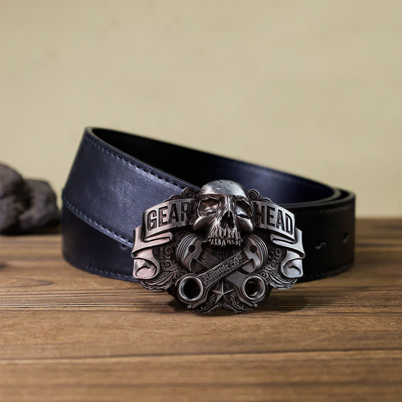 Cintura in pelle con fibbia a forma di teschio di pistone fai da te da uomo - Testa di ingranaggio - Cintura PU nera (40) - image 3