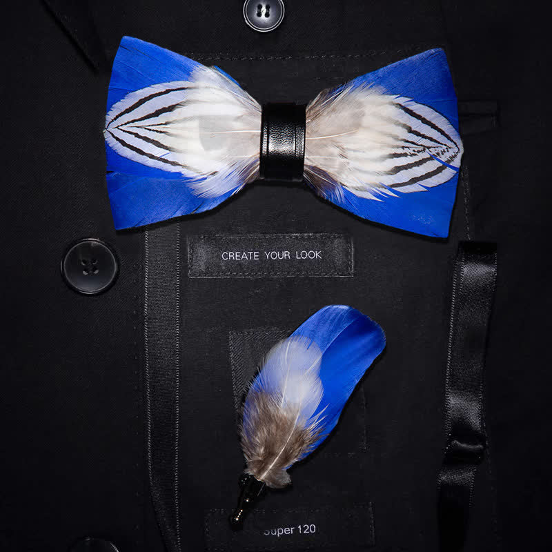 Papillon con piuma Freedom blu e bianco con spilla da bavero - Adulto - image 0