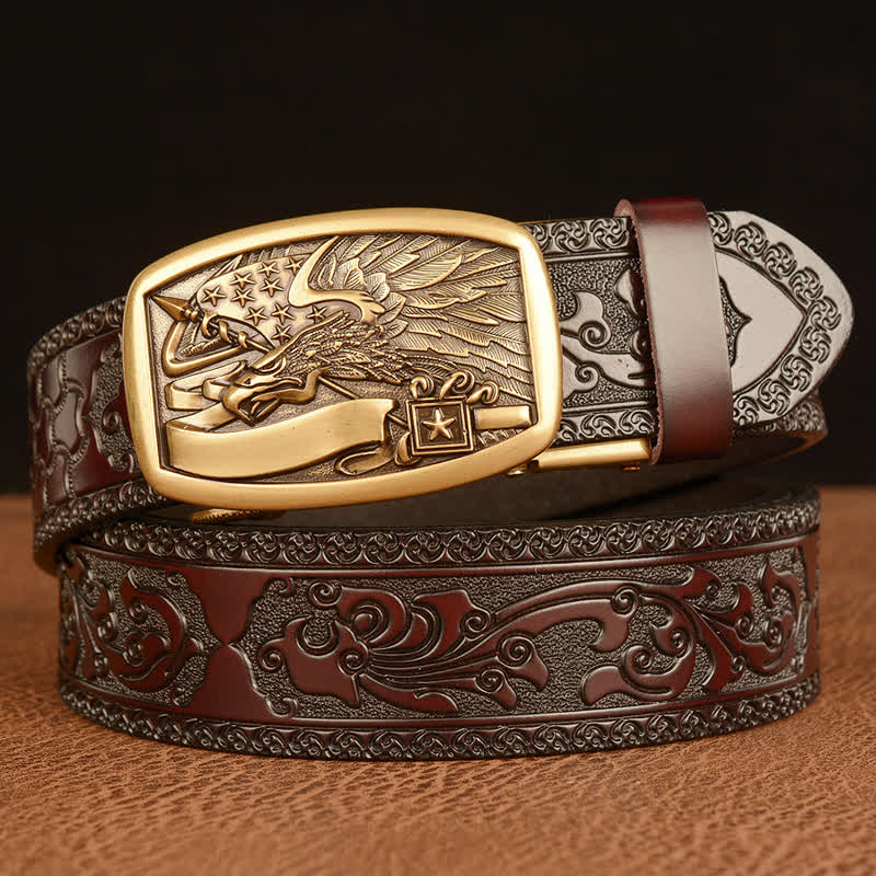 Cintura in pelle con bandiera americana e aquila da uomo - Oro e marrone - 46 - image 0
