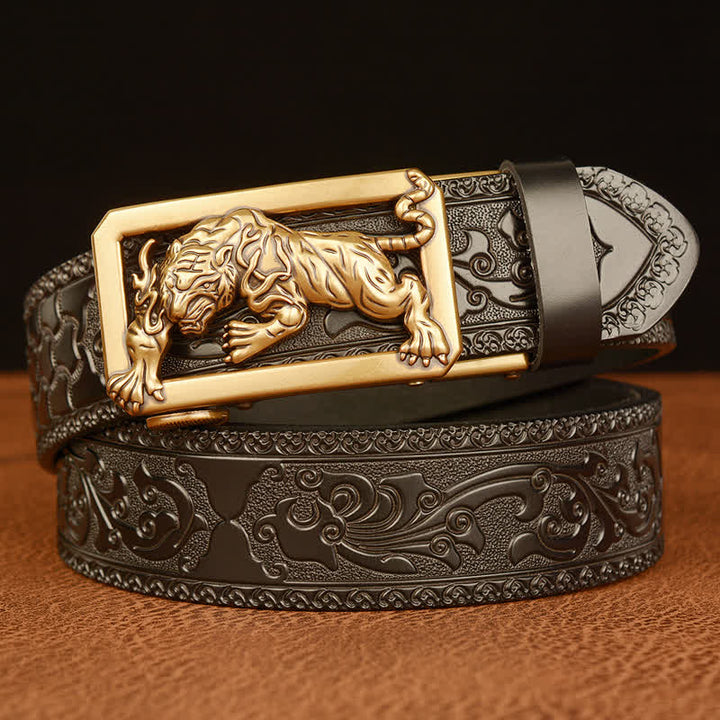 Cintura da uomo in pelle con fibbia a forma di tigre e motivo floreale in rilievo - Oro e nero - 46 - image 10