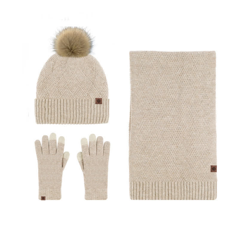 3 pezzi da donna pompon cappello sciarpa guanti touchscreen set - Cachi - Regolabile (circa 21 1/4"-23 1/4") - image 1