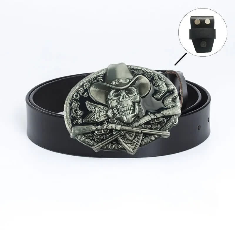 Cintura in pelle da uomo con teschio pirata e pistole incrociate - Maglietta in pelle - Nero / Smalto nero - 46 - image 15
