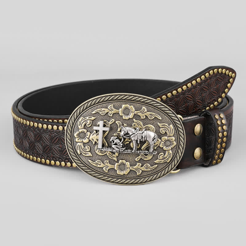 Cintura in pelle con fibbia ovale con decorazione a forma di cavallo incrociato da uomo - image 1
