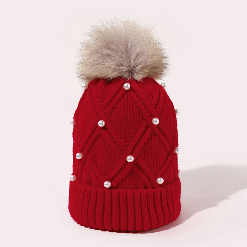 Cappello lavorato a maglia elasticizzato con pompon e perle carine da donna - image 7