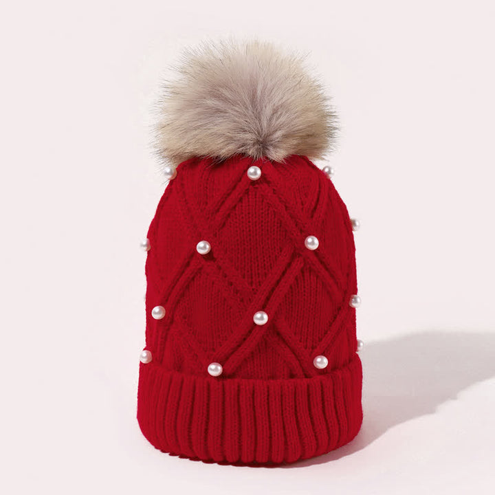 Cappello lavorato a maglia elasticizzato con pompon e perle carine da donna - image 7