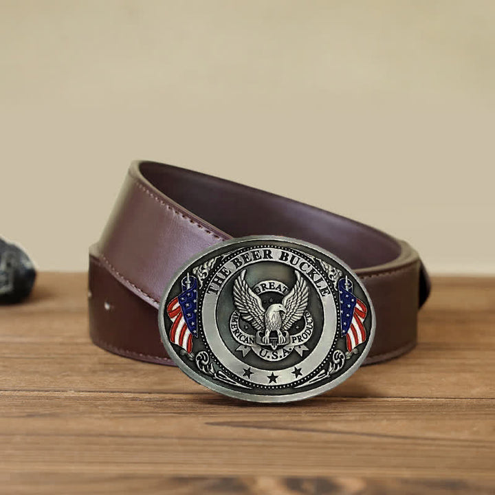 Cintura in pelle con fibbia porta birra creativa fai da te con bandiera USA e aquila da uomo - Argento - Cintura PU marrone (40) - image 19