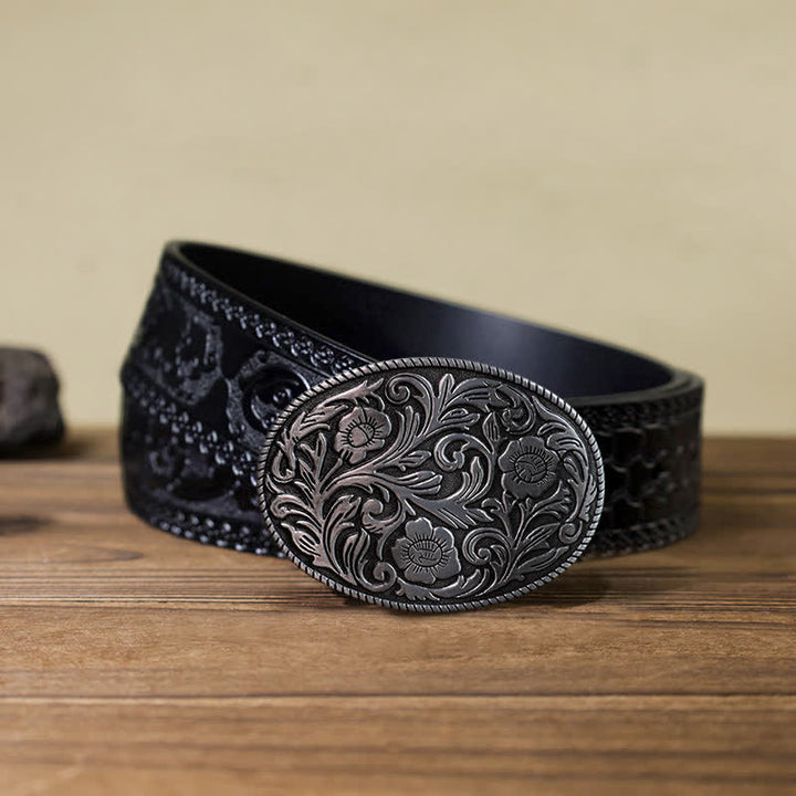 Cintura in pelle con fibbia ovale floreale classica fai da te da uomo - Argento antico - Cintura nera intagliata (40) - image 10