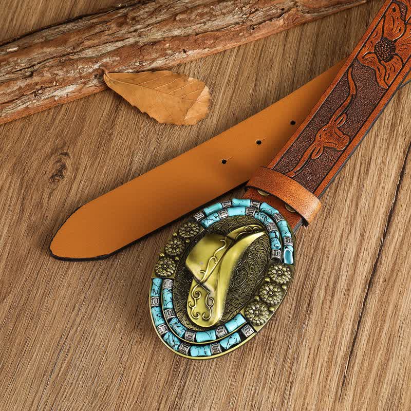 Cappello da cowboy da uomo in oro con cintura in pelle decorata con turchese - image 3