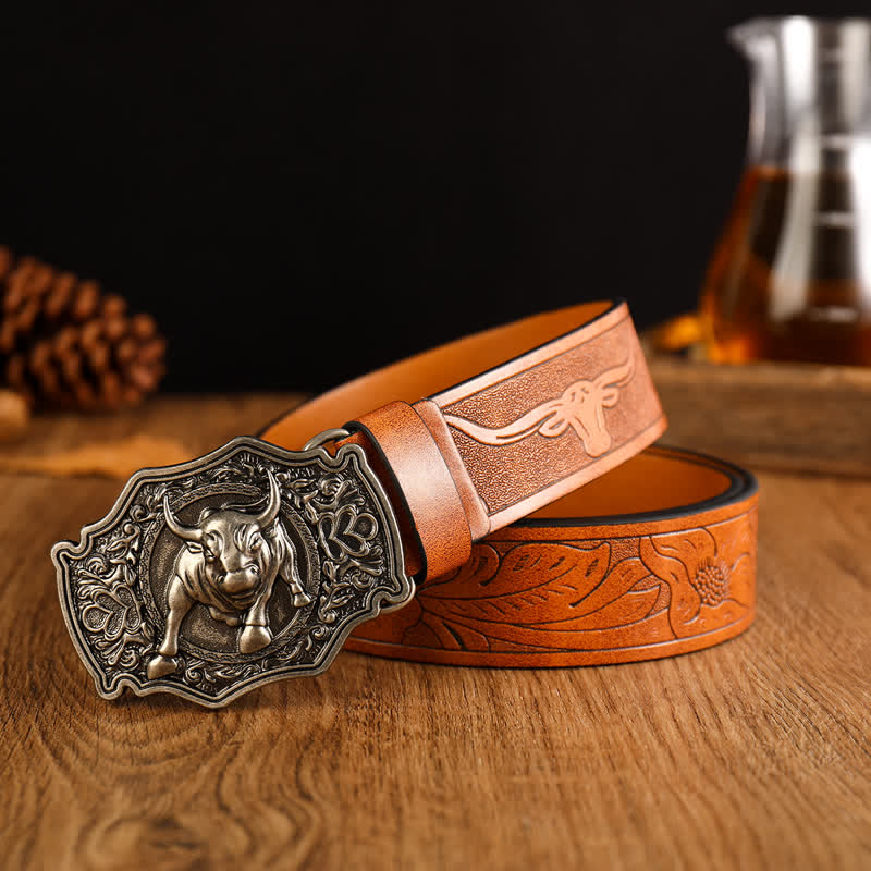 Cintura in pelle con fibbia a forma di toro in stile Yak Matador da uomo - Arancione / Argento - 42 - image 0