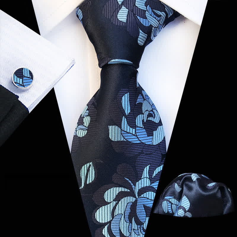 Set di 3 cravatte floreali da uomo con motivo crisantemo - Blu navy e azzurro cielo - image 0