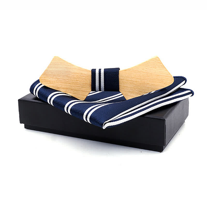 Set di 2 papillon in legno a forma di colletto da uomo - A righe blu navy - image 13