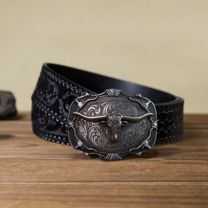 Cintura in pelle con fibbia quadrata a forma di toro Longhorn in argento fai da te da uomo - Toro - Cintura nera intagliata (40) - image 8