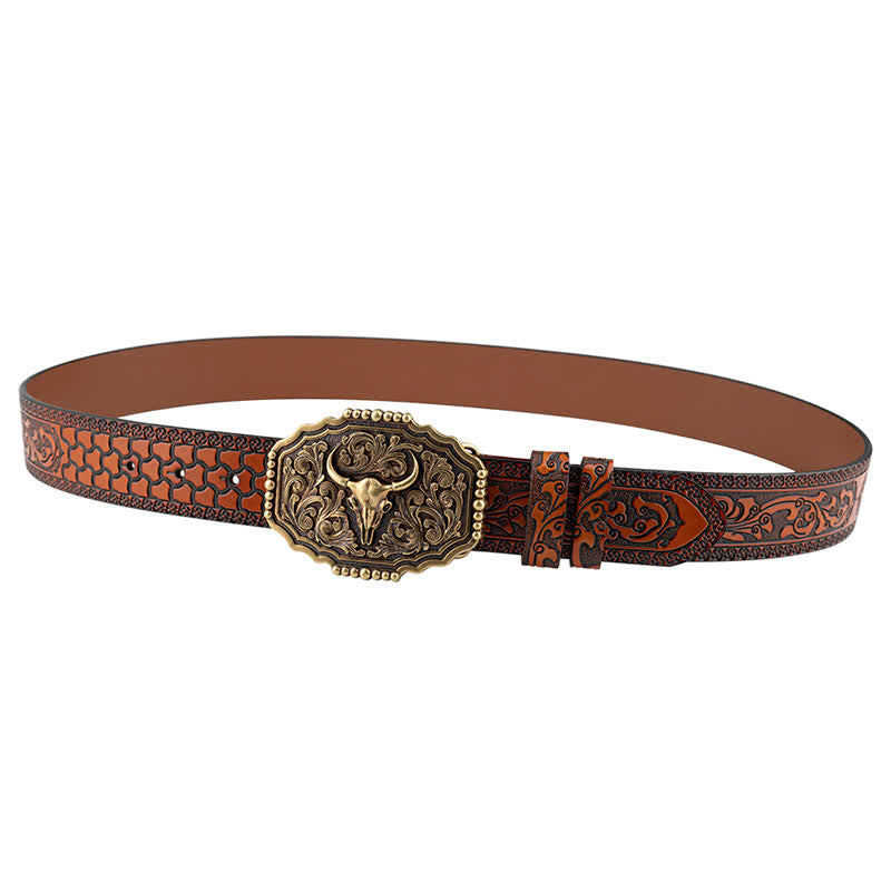 Cintura classica in pelle con teschio di toro floreale da uomo - image 2