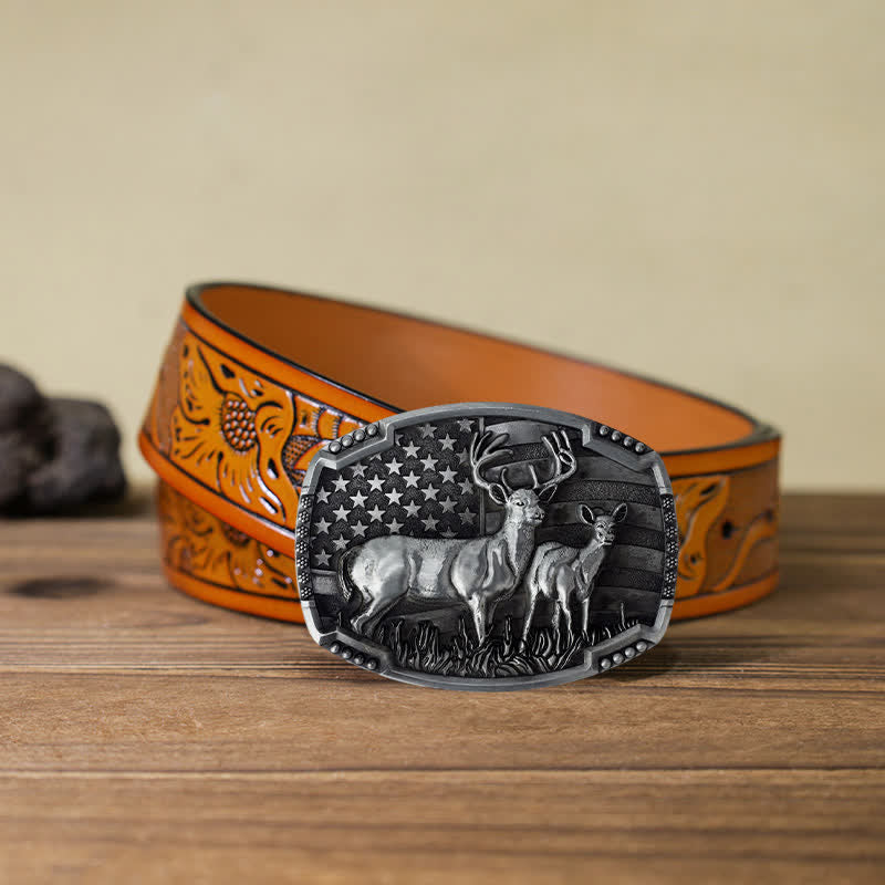Cintura in pelle con fibbia della bandiera americana da cacciatore di cervi fai da te da uomo - Cervi d'argento - Cintura intagliata arancione (40) - image 41
