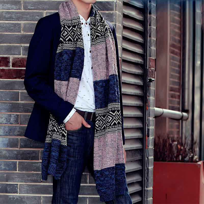 Sciarpa a blocchi di colore con cuciture a maglia Argyle da uomo - image 10