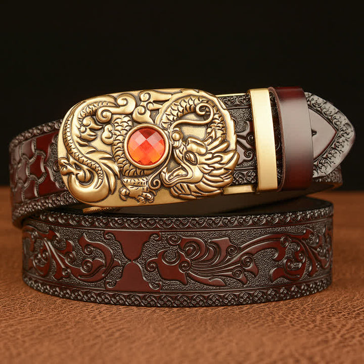 Cintura in pelle con pietra preziosa e drago inciso da uomo - Marrone e Rubino - 46 - image 0