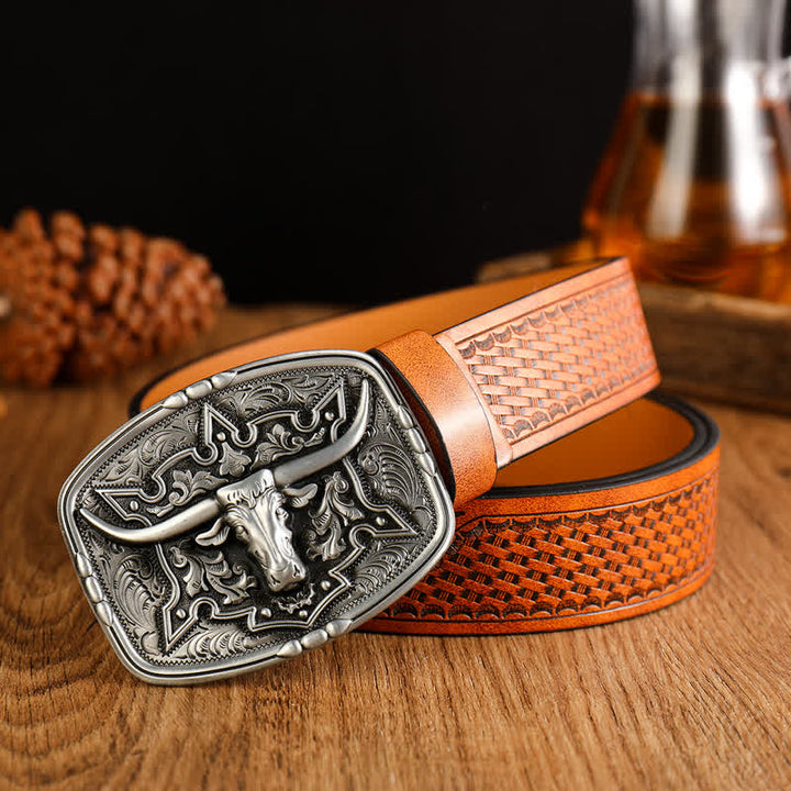 Cintura da uomo in pelle stampata con testa di mucca in stile western - Marrone-giallastro / Argento - 38 - image 8