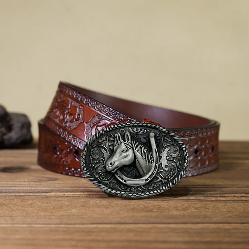 Cintura in pelle con fibbia a ferro di cavallo in argento antico fai da te da uomo - Ferro di cavallo - Cintura marrone intagliata (40) - image 11