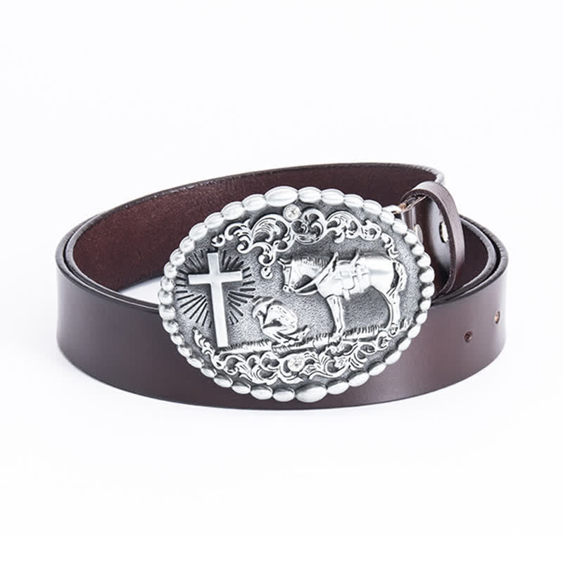 Cintura da preghiera inginocchiata in pelle con croce di cavallo da uomo - Maglietta in pelle - Marrone - 46 - image 14