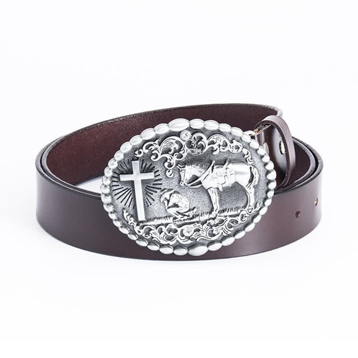 Cintura da preghiera inginocchiata in pelle con croce di cavallo da uomo - Maglietta in pelle - Marrone - 46 - image 14