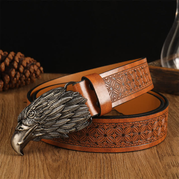 Cintura da uomo in pelle western con testa d'aquila e avvoltoio realistico - Marrone #2 / Argento - 42 - image 8