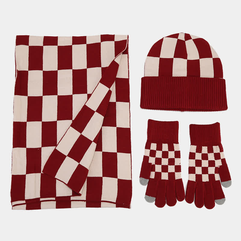 Set di 3 cappelli, sciarpe e guanti a quadri a scacchi unisex - image 5