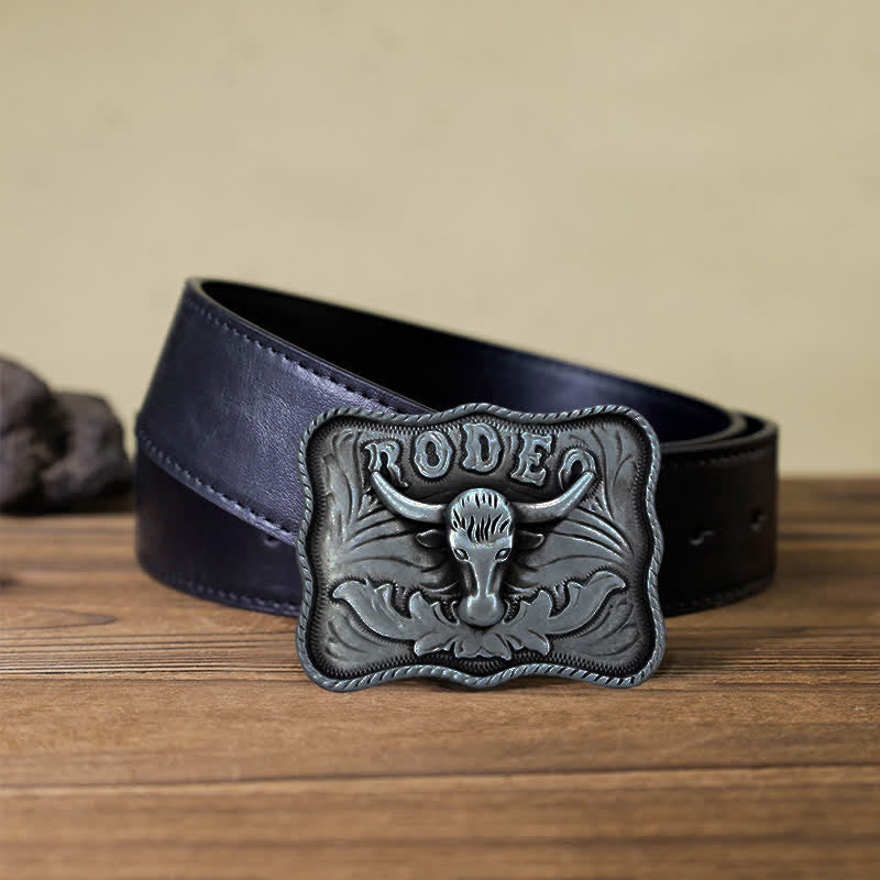 Cintura in pelle fai da te da uomo con fibbia da rodeo Longhorn Bull in argento - Toro dalle lunghe corna - Cintura PU nera (40) - image 3