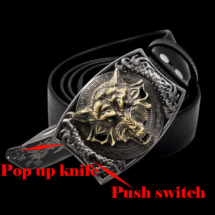 Cintura da uomo in pelle con testa di lupo dorata e coltello pieghevole - image 1