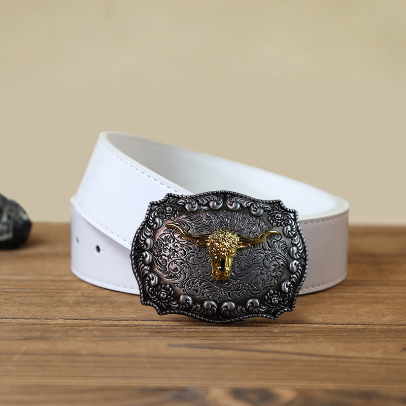 Cintura in pelle fai da te con fibbia in argento anticato Longhorn Bull da uomo - Oro - Cintura PU bianca (40) - image 6