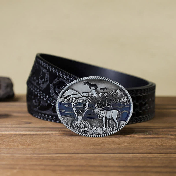 Cintura in pelle con fibbia a forma di cervo con smalto fai da te da uomo - Argento antico - Cintura nera intagliata (40) - image 8