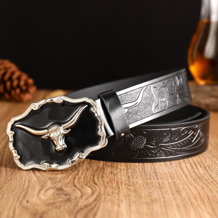 Cintura da uomo in pelle con testa di toro Longhorn Western nera - Nero - 40 - image 5