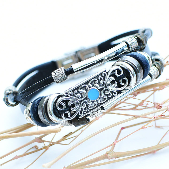 Bracciale da uomo vintage western in pelle con pietre blu e filigrana - Nero - image 7