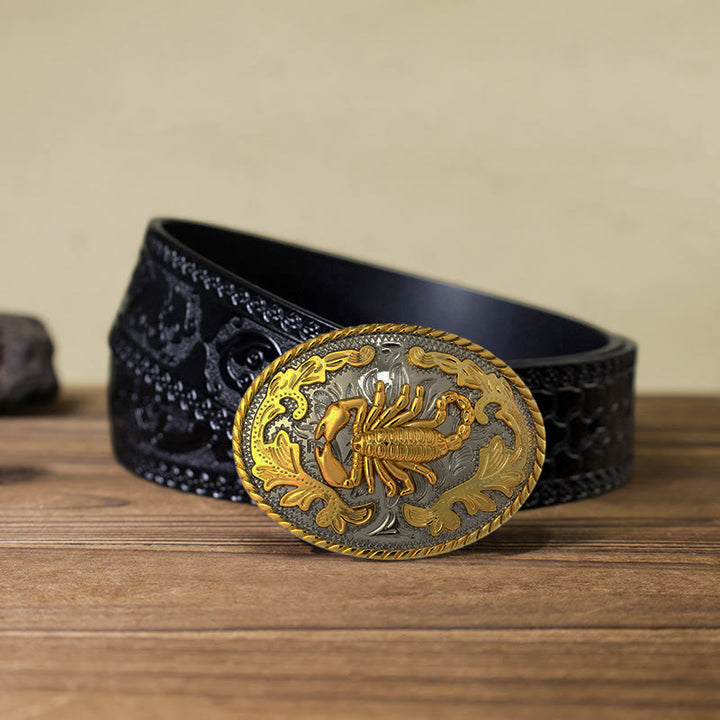 Cintura in pelle con fibbia a forma di scorpione dorato fai da te da uomo - Ovale - Cintura nera intagliata (40) - image 16