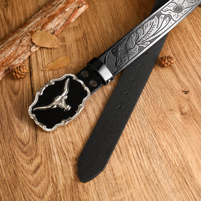 Cintura da uomo in pelle con testa di toro Longhorn Western nera - image 6
